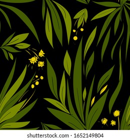 La selva de patrón sin inconvenientes se verde sobre un fondo negro. Diseño de papel pintado, tela y tela en traje de baño
