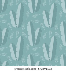 Seamless pattern with jungle palm leaves on blue background, vector illustration