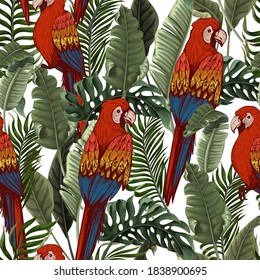 Seamless pattern with jungle parrots and tropical leaves. Vector.