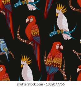 Seamless pattern with jungle parrots. Vector.