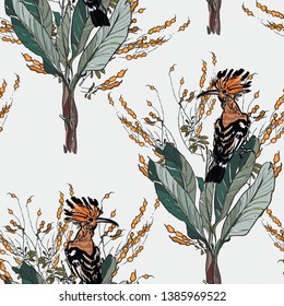 Seamless Pattern Jungle Plants Exotic Forest Tropical Leaves Wildlife Rainforest Hoopoe Bird on Palm Trees with Seeds Oriental Design Vintage Graphic Hand Drawn Outlines 