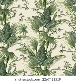 Seamless pattern with jungle plants and leaves in victorian style. Vector