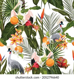 Seamless pattern with jungle plants, liana, leaves, flowers and exotic crane bird animals. Illustration on white background.