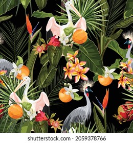 Seamless pattern with jungle plants, liana, leaves, flowers and exotic crane bird animals. Illustration on black background.