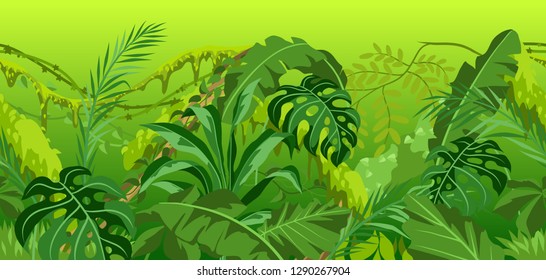 Seamless pattern with jungle plants. Tropical leaves. Woody natural rainforest.