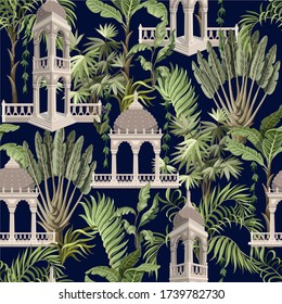 Seamless pattern with jungle trees and ancient arbor. Vector.