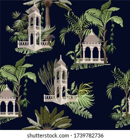Seamless pattern with jungle trees and ancient arbor. Vector.
