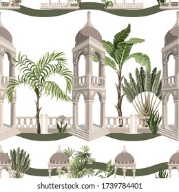 Seamless pattern with jungle trees and ancient arbor. Vector.