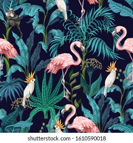 Seamless pattern with jungle trees, flamingo and parrots. Vector.