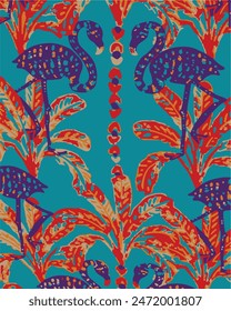 Seamless pattern with jungle trees, flamingo, Vector.