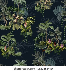 Seamless Pattern With Jungle Trees And Flowers. Vector. 