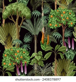 Seamless pattern with jungle trees and flowers for kids wallpapers. Vector