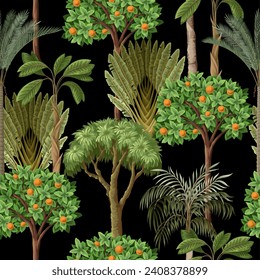 Patrón sin foco con árboles de selva y flores para los fondos de escritorio para niños. Vector