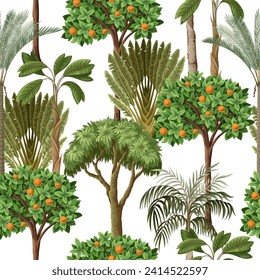 Seamless pattern with jungle trees and flowers for kids wallpapers. Vector