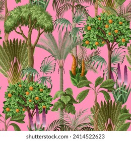 Seamless pattern with jungle trees and flowers for kids wallpapers. Vector