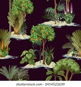 Seamless pattern with jungle trees and flowers for kids wallpapers. Vector