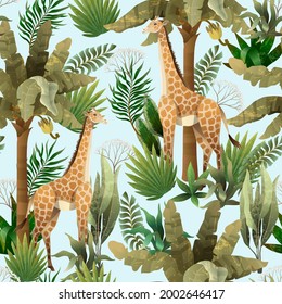 Seamless pattern with jungle trees and giraffes. Vector
