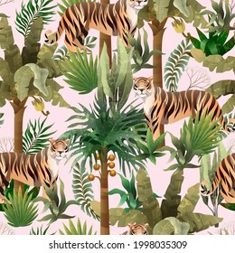 Seamless pattern with jungle trees and tigers. Vector