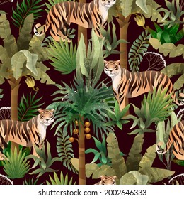 Seamless pattern with jungle trees and tigers. Vector