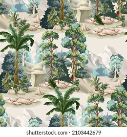 Seamless pattern with jungle trees and tropical plant. Vector