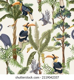 Seamless pattern with jungle trees and tropical birds. Vector