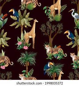 Seamless pattern with jungle trees and wild animals. Vector