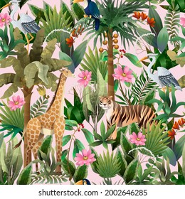 Seamless pattern with jungle trees and wild animals. Vector