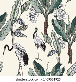 Seamless Pattern Jungle Tropical Forest Hand Drawn Fine Line Graphics Exotic Crane Birds in Banana Palm Trees Faded Colors Realistic Botanical Illustration