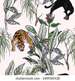 Seamless Pattern Jungle Tropical Forest Hand Drawn Fine Line Graphics Tiger and Black Pantera Predator Animals in Bushes with Pink Flowers Faded Colors Wallpaper Design