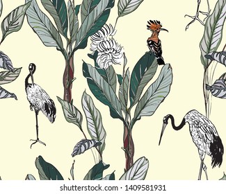 Seamless Pattern Jungle Tropical Rainforest Graphics Exotic Crane Birds and Hoopoe in Banana Palm Trees Faded Colors Textile Illustration Holiday Summer Design