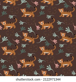 Seamless pattern jungles tiger boho colors flat cartoon 