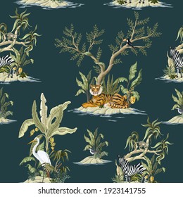 Seamless pattern with jungles trees and animals. Trendy tropical print