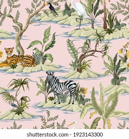 Seamless pattern with jungles trees and animals on pink background. Trendy tropical print