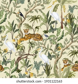 Seamless pattern with jungles trees and animals. Trendy tropical print