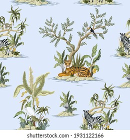 Seamless pattern with jungles trees and animals. Trendy tropical print