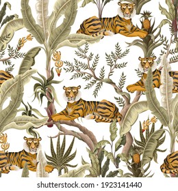 Seamless pattern with jungles trees and tigers. Vector trendy print