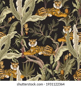 Seamless pattern with jungles trees and tigers. Vector trendy print