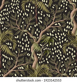 Seamless pattern with jungles trees. Trendy tropical print.