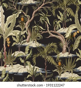 Seamless pattern with jungles trees. Trendy tropical print.