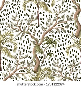 Seamless pattern with jungles trees. Trendy tropical print.