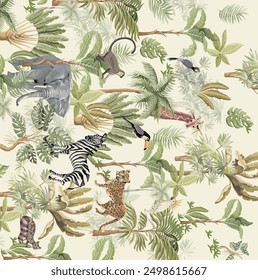 Seamless pattern with jungles trees. Trendy tropical print.
