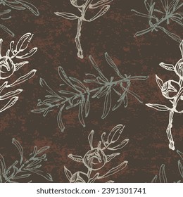Seamless pattern with juniper: berries juniper and a branch. Cosmetics and medical plant. Hand drawn illustration Vintage holiday decor.