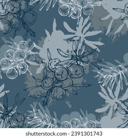 Seamless pattern with juniper: berries juniper and a branch. Cosmetics and medical plant. Hand drawn illustration Vintage holiday decor.