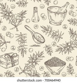 Seamless pattern with juniper, berries juniper, essential oil, soap, bath salt and mortar and pestle. Cosmetic, perfumery and medical plant. Vector hand drawn illustration. 