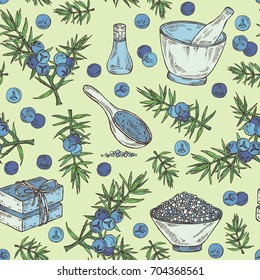 Seamless pattern with juniper, berries juniper, essential oil, soap, bath salt and mortar and pestle. Cosmetic, perfumery and medical plant. Vector hand drawn illustration. 