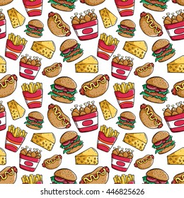 Seamless pattern of junk food with hot dog, burger, drumstick, cheese and french fries