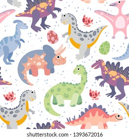 Seamless pattern with jurassic dinosaurs on a white background. Background, wallpaper, textile, fabric with cute funny cartoons dino.