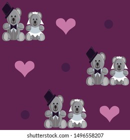 Seamless pattern with just married bears, heatrs and dots