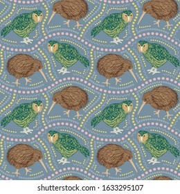 Seamless pattern of kakapo parrot and kiwi bird with ethnic ornament elements. Repetitive textile vector print, wallpaper design.