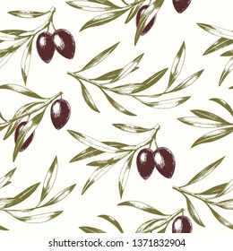 Seamless pattern with kalamata olive branches. Elegant vector background.